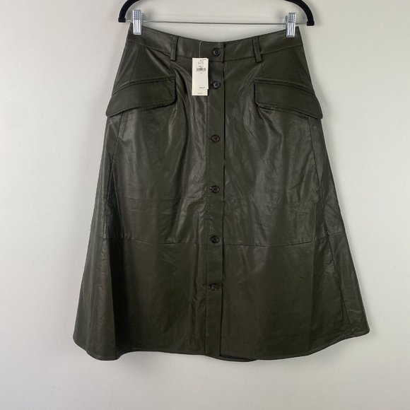 Banana Republic Dresses & Skirts - Banana Republic Vegan Leather Midi Skirt Size 4 Button Front Green Pockets